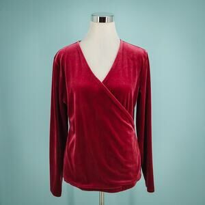 J. Crew Size Large L Red Pink Velvet Surplice V Neck Long Sleeve Knit Top